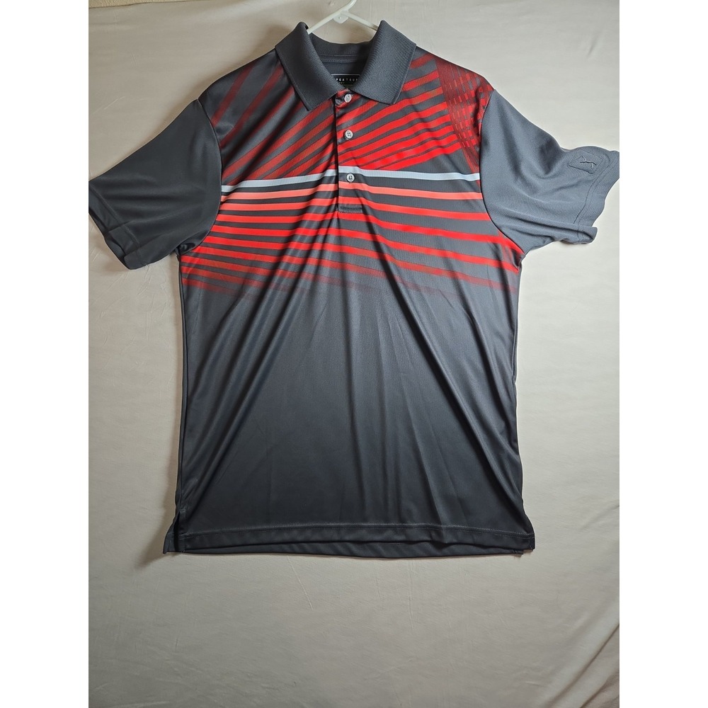 PGA TOUR POLO Golf Shirt Gray Pro Series Athletic Fit M Gray RED Stripes
